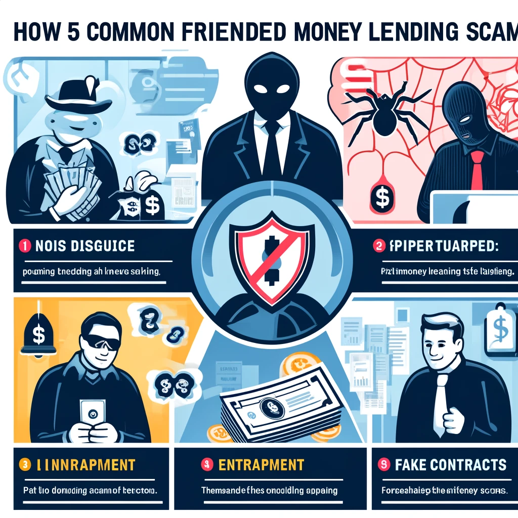 五種常見的朋友借錢詐騙手法的資訊圖表，透過如假面具、蜘蛛網和假合約等象徵圖案來描繪欺騙和陷阱。